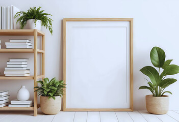 Fototapeta premium Small vertical wooden frame mockup in scandi style interior with trailing green plant in pot, pile of books and shelf on empty neutral white wall background. A4, A3 format. 3d rendering, illustration