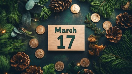 A rustic calendar block displaying 'March 17' surrounded by pinecones, greenery, and gold coins on a textured surface