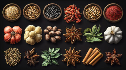 Assorted spices in wooden spoons arranged on a dark background for culinary decoration