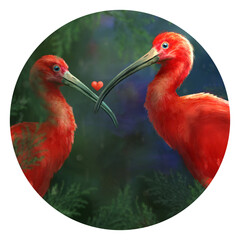 two ibis birds in love – romantic wildlife digital illustration of a tropical bird couple, perfect for nature-themed decor
