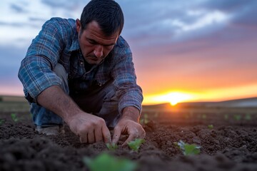 A man cultivates the fertile soil for planting healthy crops as dusk settles in, emphasizing hard work and a strong relationship with the earth in agricultural practices.