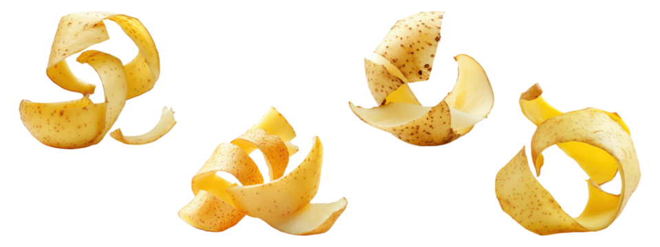 Set of potato peels with curled textures, isolated on transparent background