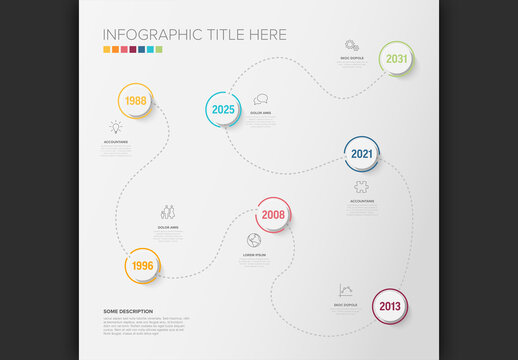 Infographic timeline report template with icons and simple content. Dotted black timeline template with color pins