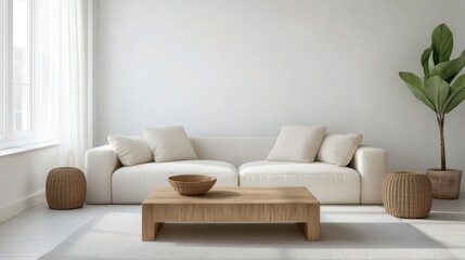 a minimalist living room with white walls, a beige sofa, a single wooden coffee table, and a large window letting in natural light. 