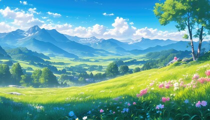 Fototapeta premium Serene Mountain Valley Spring Meadow Landscape