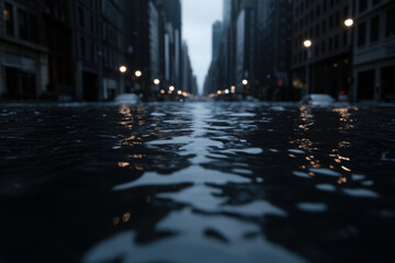 A city street with a large puddle of water in the middle
