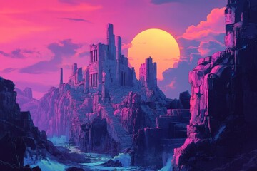 Ruined City Under a Setting Sun with a Purple and Pink Sky