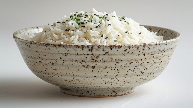 A close up of bowl of rice sprinkled with black pepper on white background