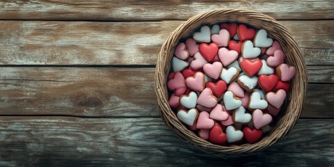 A delightful basket filled with heart-shaped cookies in pastel pink, white, and red icing on a bright wooden surface
