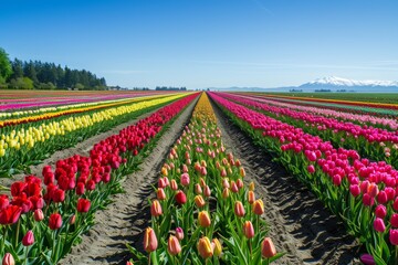 Panoramic view of colorful tulip fields in full bloom on a sunny day