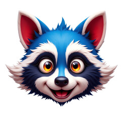 Cartoon raccoon head with blue and white fur, large orange eyes