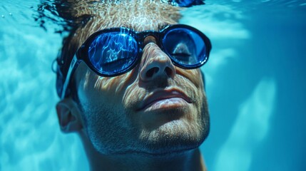 Naklejka premium Submerged Man in Pool Wearing Sunglasses