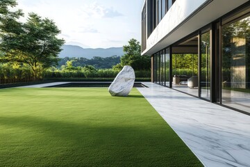 A luxurious backyard with a vast green lawn, framed by marble tiles and a sparkling infinity pool. The house exterior features floor-to-ceiling windows and marble accents