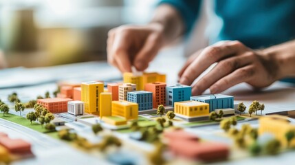 Fototapeta premium Hands Carefully Arranging A Colorful City Model