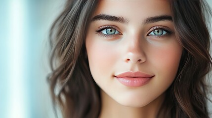 Obraz premium A female student with striking blue eyes and a natural smile is engaged in a study session at a university, surrounded by natural light and a positive atmosphere