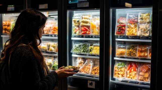 Woman Choosing Healthy Snacks from Vending Machine at Night