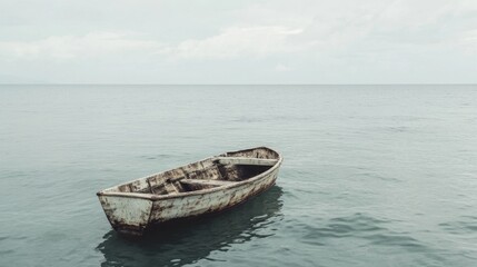 Fototapeta premium Old weathered rowboat adrift on calm sea under cloudy sky.