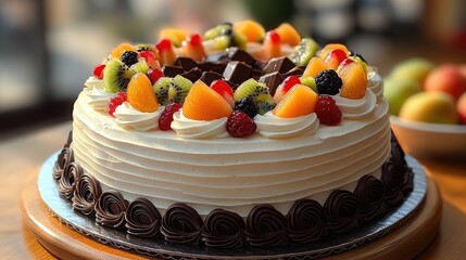 Deliciously decorated fruit cake with chocolate accents, displayed in a cozy caf&eacute; setting