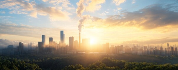 Naklejka premium goals with strategy and sustainability concept, City skyline at sunrise with clouds and smoke in the background.