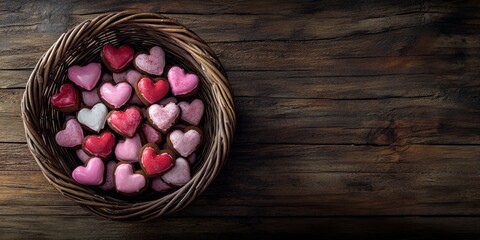A rustic basket filled with heart-shaped cookies in pink, white, and red icing on a vintage wooden table