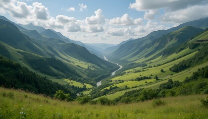 Scenic Green Valley with a Serene River Flowing Through It: Nature’s Beauty at Its Best