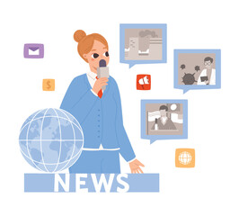 News anchor with microphone reporting international news. Social media blogger, tv show or newsmaker. Daily or weekly information summary, vector concept