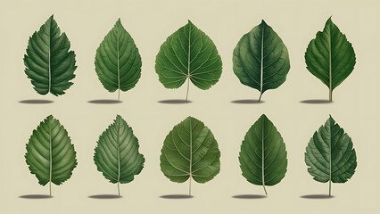 Naklejka premium Green leaf collection isolated on neutral background featuring various shapes and textures with realistic shadows, perfect for botanical designs, nature concepts, and eco-friendly creative projects