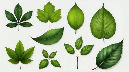 Fototapeta premium Set of vibrant green leaves arranged on light background with natural shadows, ideal for environmental themes, organic branding, sustainable packaging, and botanical illustrations in high quality
