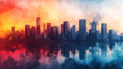 Obraz premium City skyline reflecting on water at sunset with dramatic colors and clouds