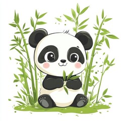 Cute cartoon panda character sitting among green bamboo plants with joyful expression and holding a bamboo leaf