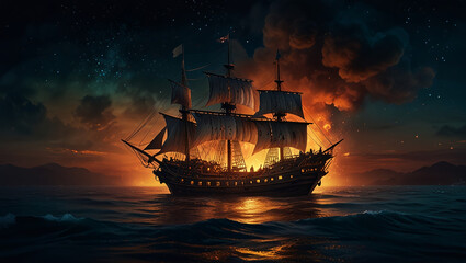 illustration of a pirate ship sailing on the sea at night, fire burning