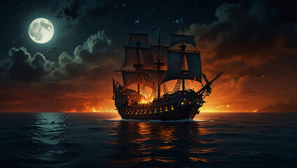 Fototapeta premium illustration of a pirate ship sailing on the sea at night, fire burning