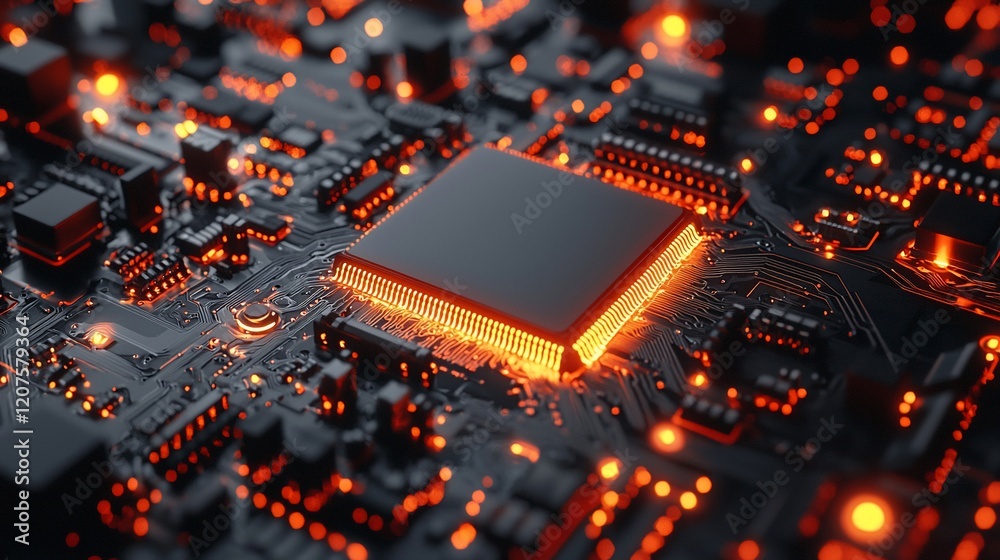Poster Close-up of illuminated central processing unit on circuit board.