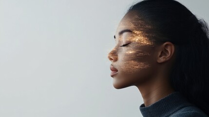 Default Mode Network concept, Profile of a woman with a textured, glowing overlay on her face.
