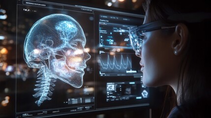 Female Scientist Studying a 3D Hologram of a Human Skull using Advanced Technology