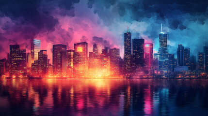 Fototapeta premium City skyline illuminated by vibrant colors at dusk along the waterfront