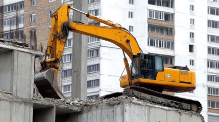 A bright yellow excavator perches atop a skyscraper, defying gravity and showcasing the boldness of construction amidst the urban skyline.