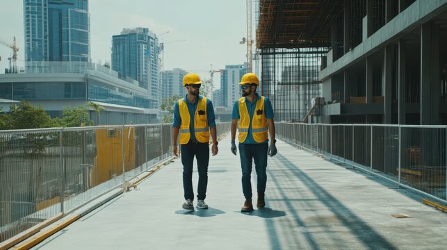 Two men in bright yellow vests and helmets confidently walk along a sturdy walkway, embodying teamwork and purpose in their safety gear.