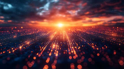 A dramatic sunset over a city skyline with glowing lights.