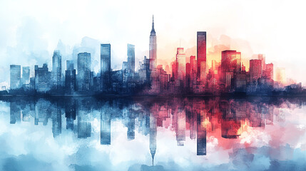 Obraz premium Sunrise over a vibrant city skyline reflecting on calm waters