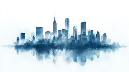 Obraz premium City skyline featuring iconic buildings reflected in foggy atmosphere during twilight