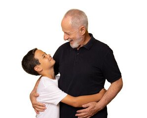 Grandfather and grandson smiling over transparent background. PNG transparent