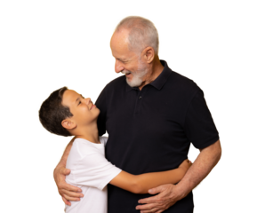 Grandfather and grandson smiling over transparent background. PNG transparent