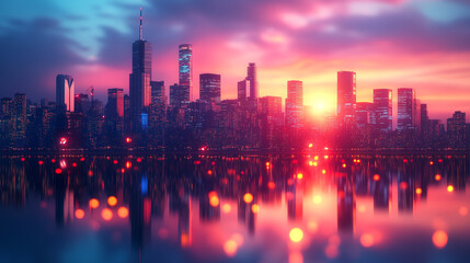 Fototapeta premium Vibrant city skyline at sunset illuminating the water with colorful reflections