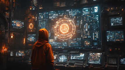 A hooded figure stands before a large screen displaying a futuristic, technological interface in a dimly lit room.