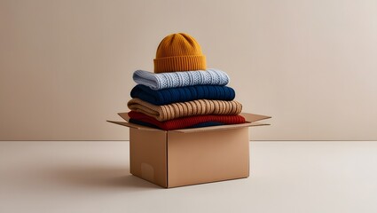 Stacked clothes for donation in a cardboard box. Winter clothes in a cardboard box. Seasonal clothing. Charity or donation drive backdrop with copy space.
