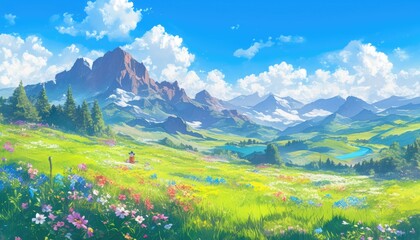 Fototapeta premium Serene Mountain Meadow With Colorful Flowers And A Person