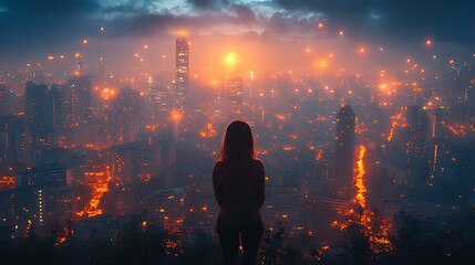 A lone woman stands on a hilltop, silhouetted against the backdrop of a futuristic city glowing with warm, inviting lights.