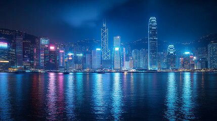 Fototapeta premium Vibrant city skyline illuminated at night over calm waters in Hong Kong