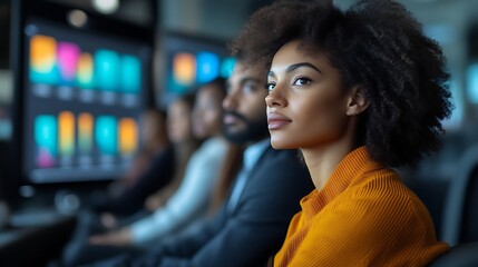 Focused businesswoman in meeting, attentive colleagues.